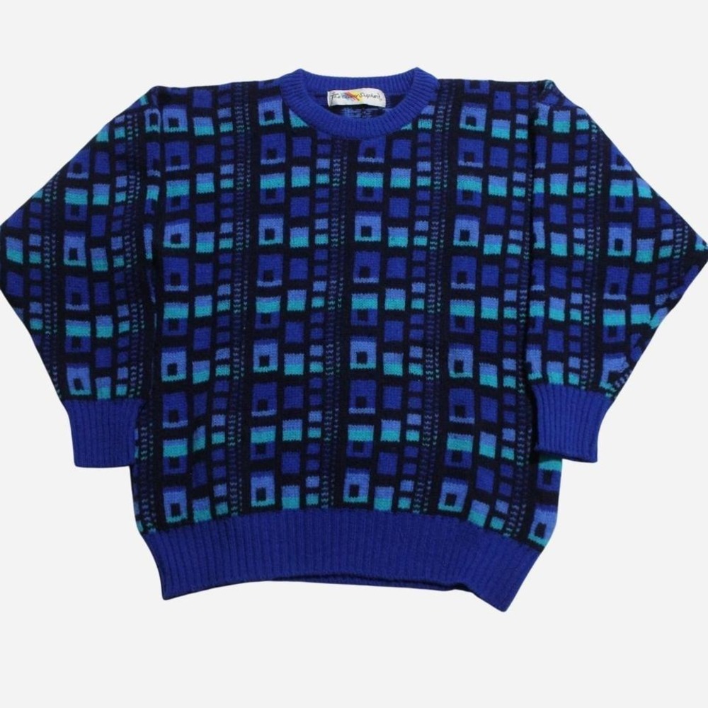 Mens Vintage 90s Abstract Blue Checkered Pattern Grandpa Sweater - Picture 2 of 8